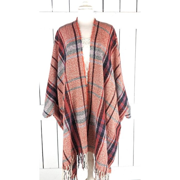Red tartan plaid tassel fringe kimono cardigan cover up jacket one size - Picture 3 of 5